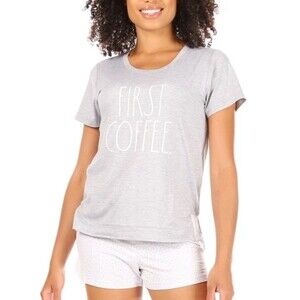 Rae Dunn "First Coffee" Short Sleeve Side Slit Top and Shorts PJ/Lounge Set